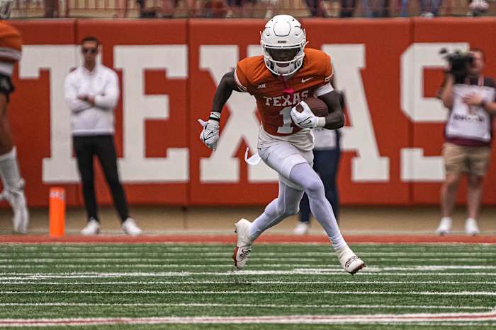 Texas Longhorns wide receiver Xavier Worthy (1) runs the ball against Kansas State at Royal-Memorial Stadium on Saturday, Nov. 4, 2023 in Austin.